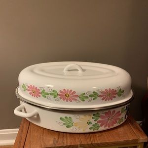 Vintage White Enamel Roaster with Pink and Green Floral Pattern
